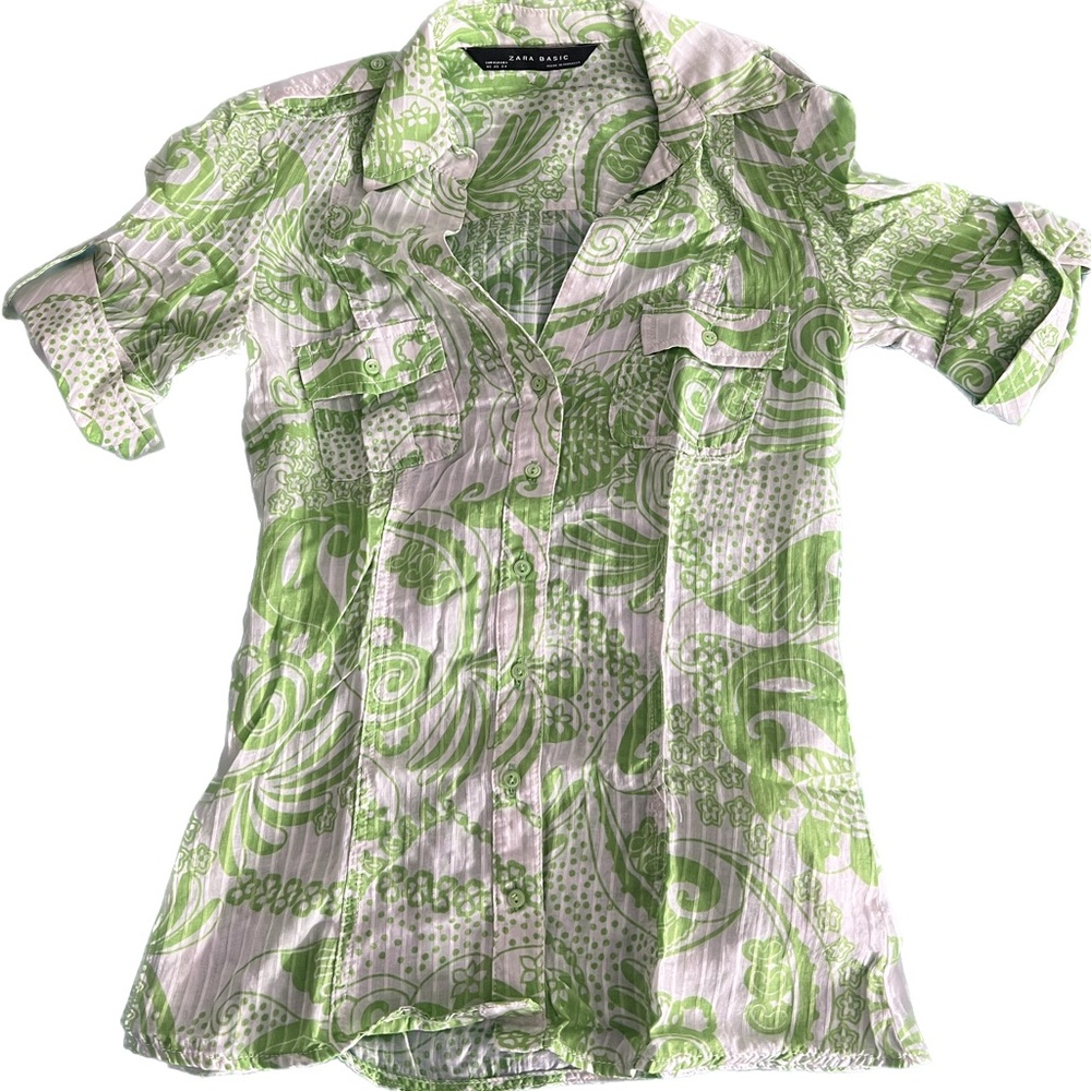 Women Zara Basic Green Paisley Button Up Top Size XS